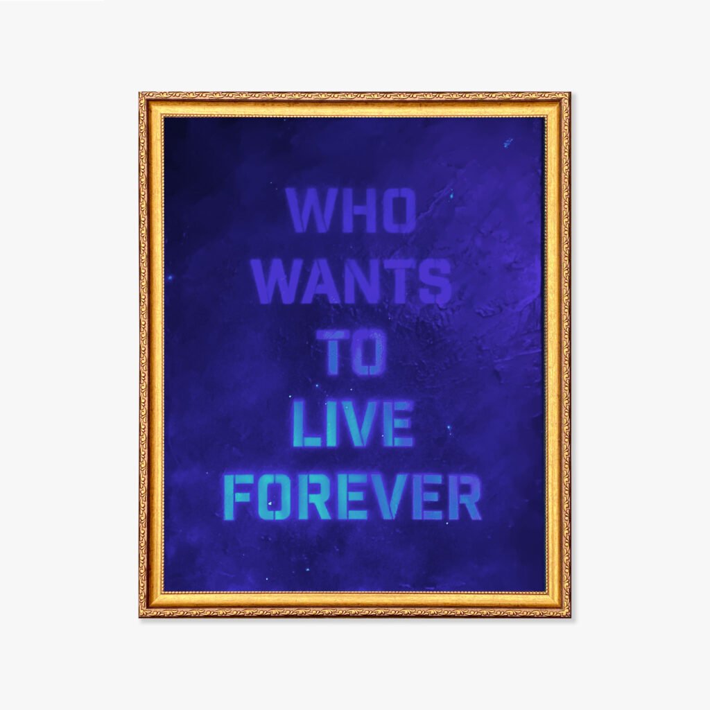 Who Wants To Live Forever by Alexandru Regent (Acrylic on canvas, 2022) under UV light