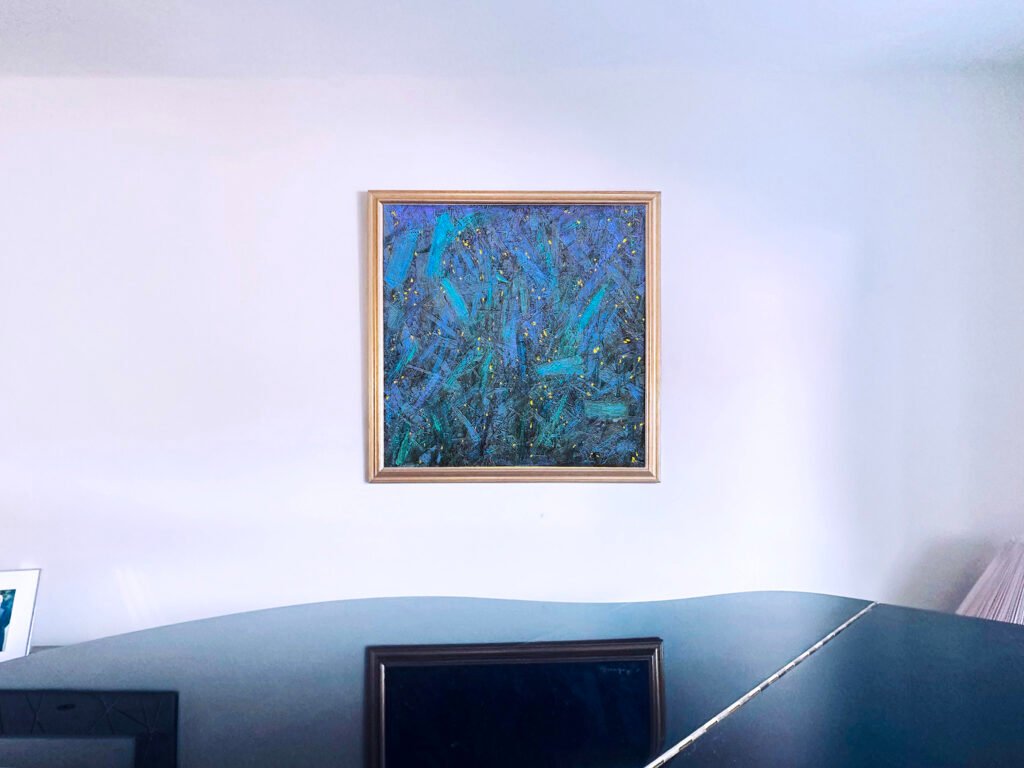 Night with fireflies by Alexandru Regent (Acrylic on charred wood, 2024)